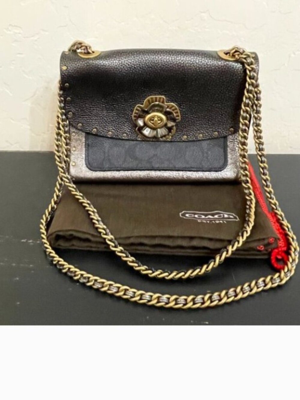 Coach Parker Handbag Canvas Metallic Leather Rivet Snakeskin Chain Strap 39680
